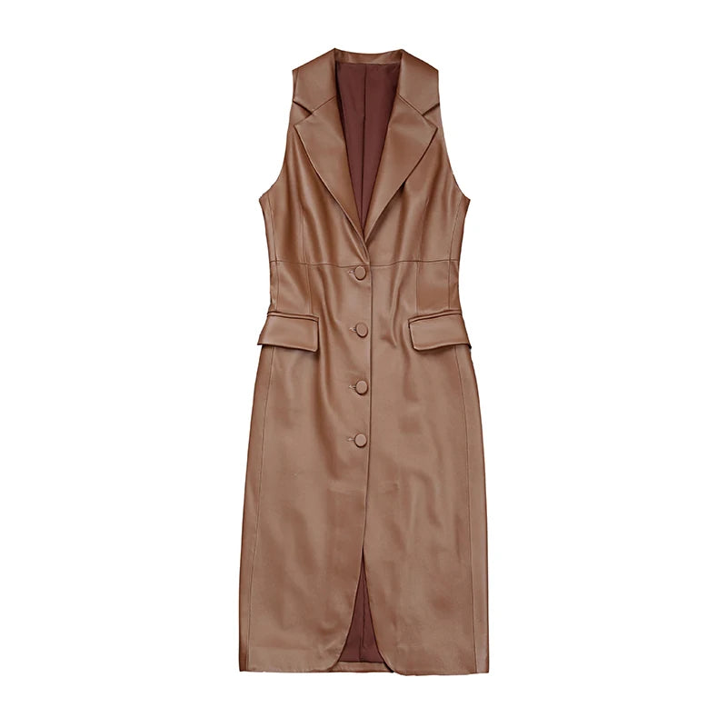 Sleeveless Jackets For Women Wrap Dress Long Skirt Vest Genuine Leather Caramel Gilet