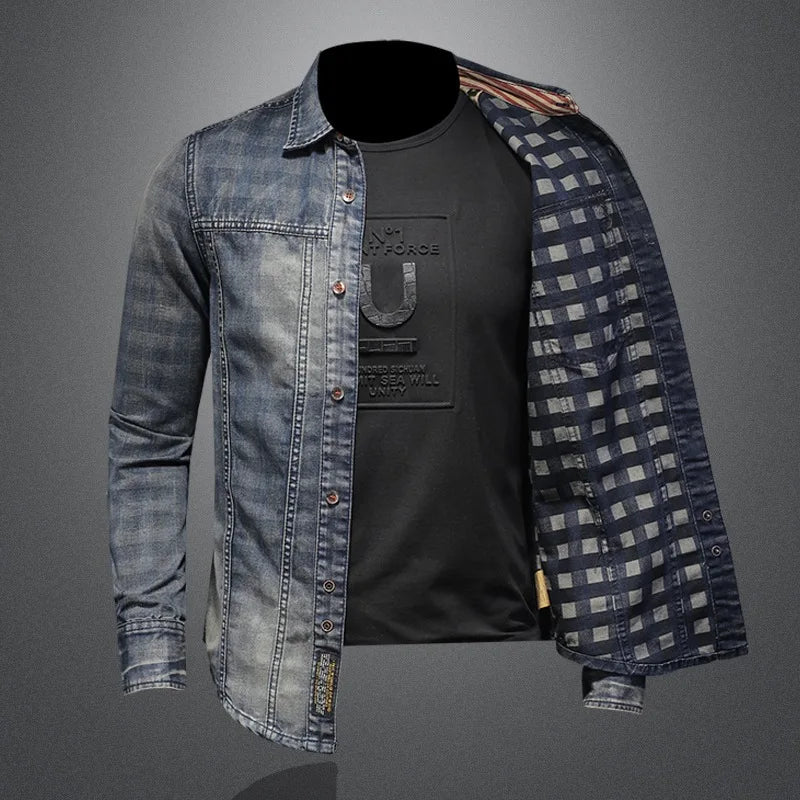 Men Retro Patchwork Denim Shirts for Male