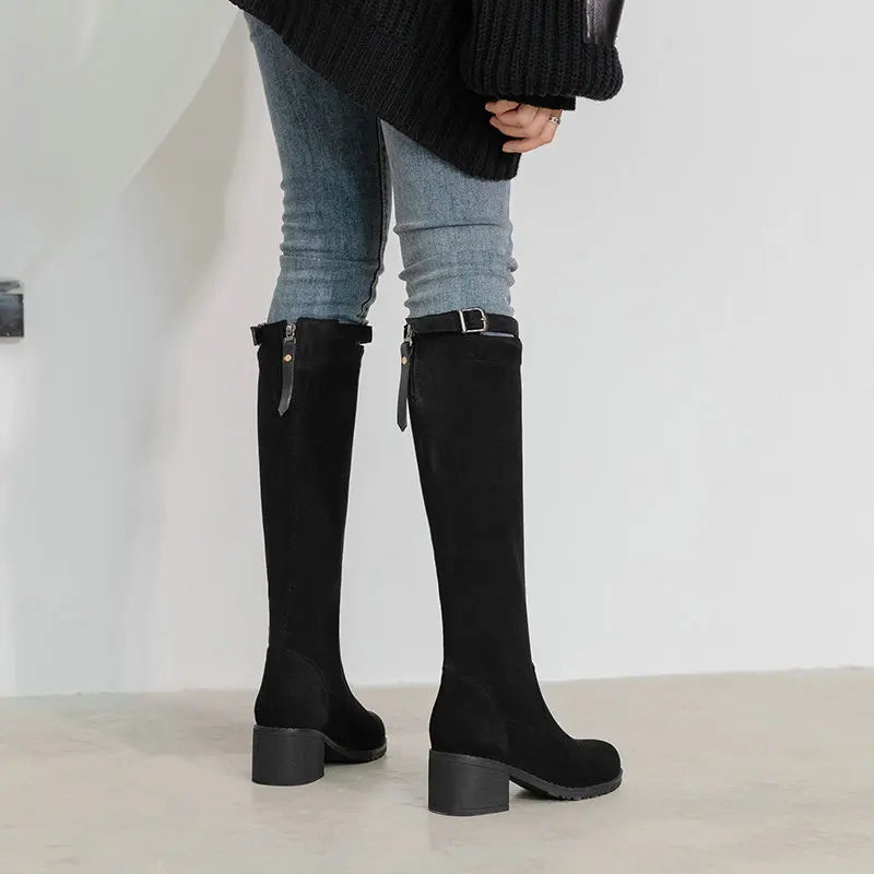 Flock Stretch Knee High Boots Autumn Women Square Long Boots Slip On Round Toe Women Shoes