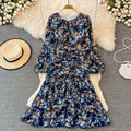 French Elegant Chiffon Dress Women Spring Autumn Puff Sleeve Sweet Floral Print Beach Dresses Ladies Bodycon Boho Dress