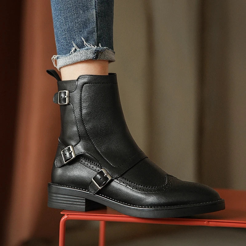 Autumn Woman Buckle Chelsea Boots Handmade Genuine Leather Round Toe Boots