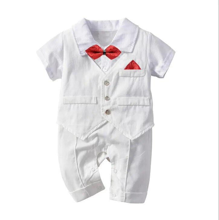 Newborn Boys Clothes Baptism 0 to 3 Months White Romper Jumpsuit Organic Short Sleeve Gentleman Clothing Summer Outfits