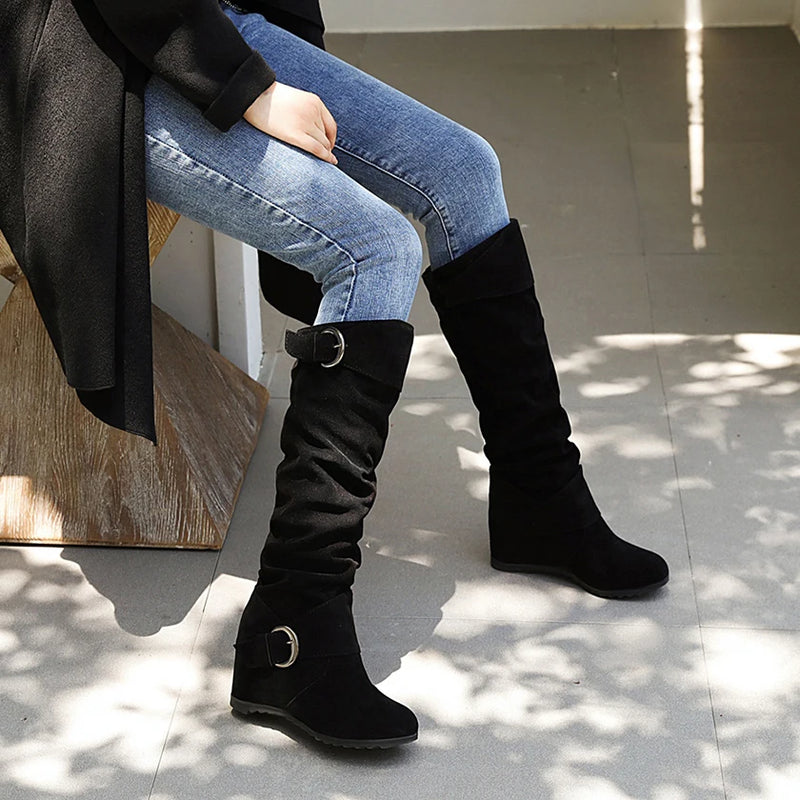 Retro Women Flock Knee High Boots Winter Women's  Boots Ladies Slip On Increase Female Shoes