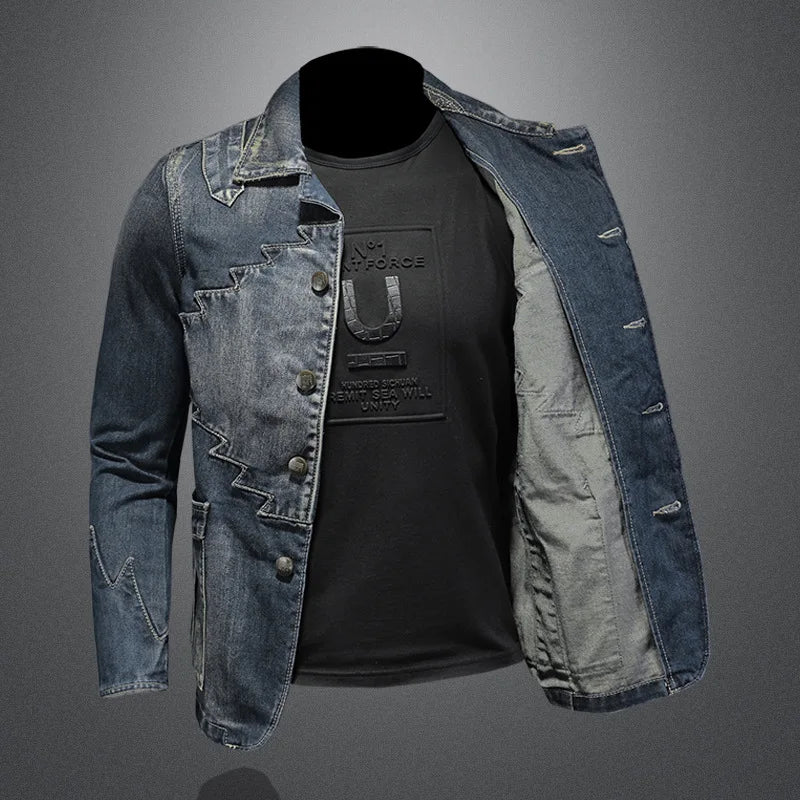 Men Denim Jackets National Patchwork Slim fit Jean Coat Autumn Cotton Jackets for Male