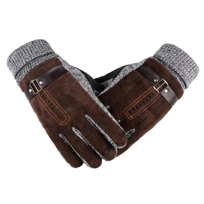 Knitted Wool Gloves Winter Thicken Fleece Warm Men's Genuine Leather Moto Gloves Male Mittens