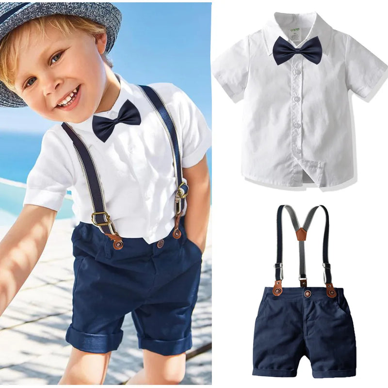 Boy Bow Gentleman Clothes White Shirt Navy Shorts with Suspenders Kids Children Holiday Outfits Short Sleeve Sets