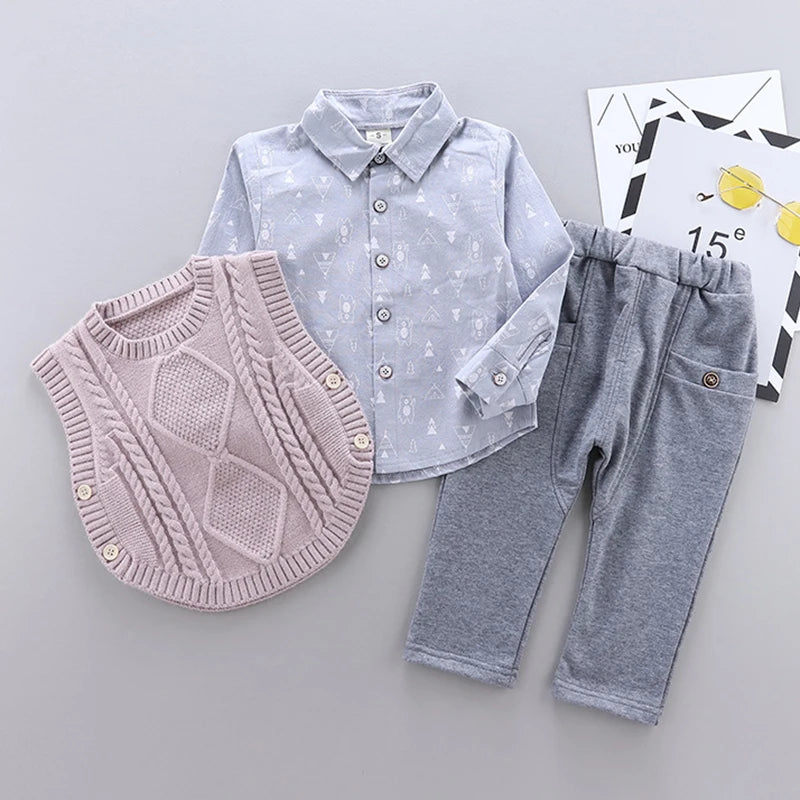 Spring Autumn Kids Gentleman Outfits Sweater Vest Shirt Pants Children Clothing Sets