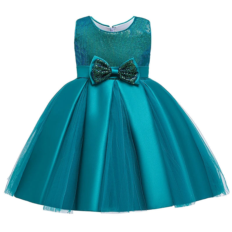 Children Clothes Sequin Dress Bow Knot Girl Princess Dress Puffy Flower Girl Wedding Party Dress