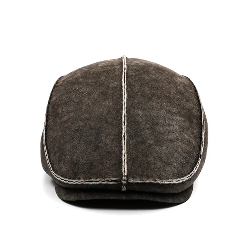 Men's Fur Hat Winter Male Real Leather Fur One Warm Beret Elderly Handmade Plaid Retro