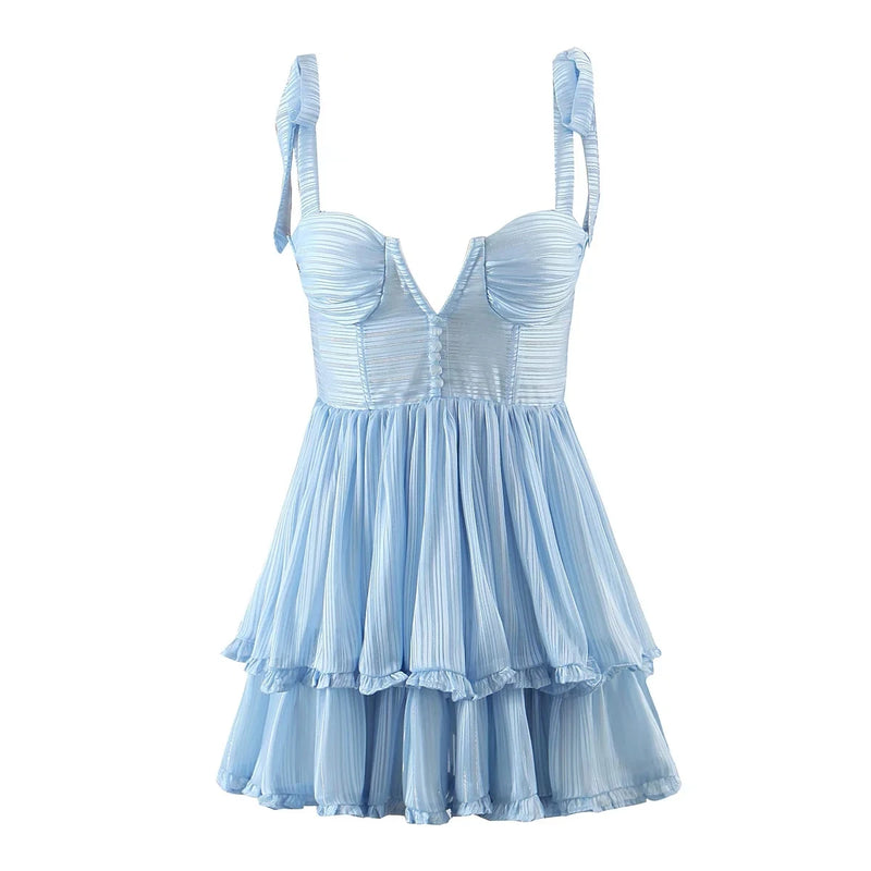 Strappy Party Mini Dress Chiffon Tiered Ruffles Summer Women Dress Bow Tie Ladies Woman Chic Dress