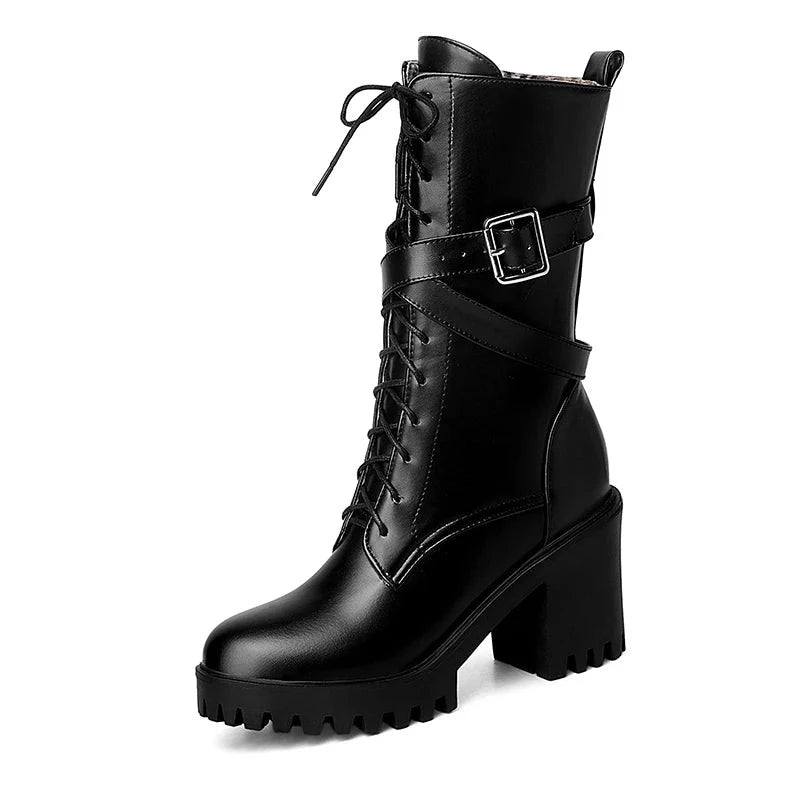 Women Mid-calf Boots Round Toe Thick High Heel Platform Shoes Soft Leather Punk Female Motorcycle Boots