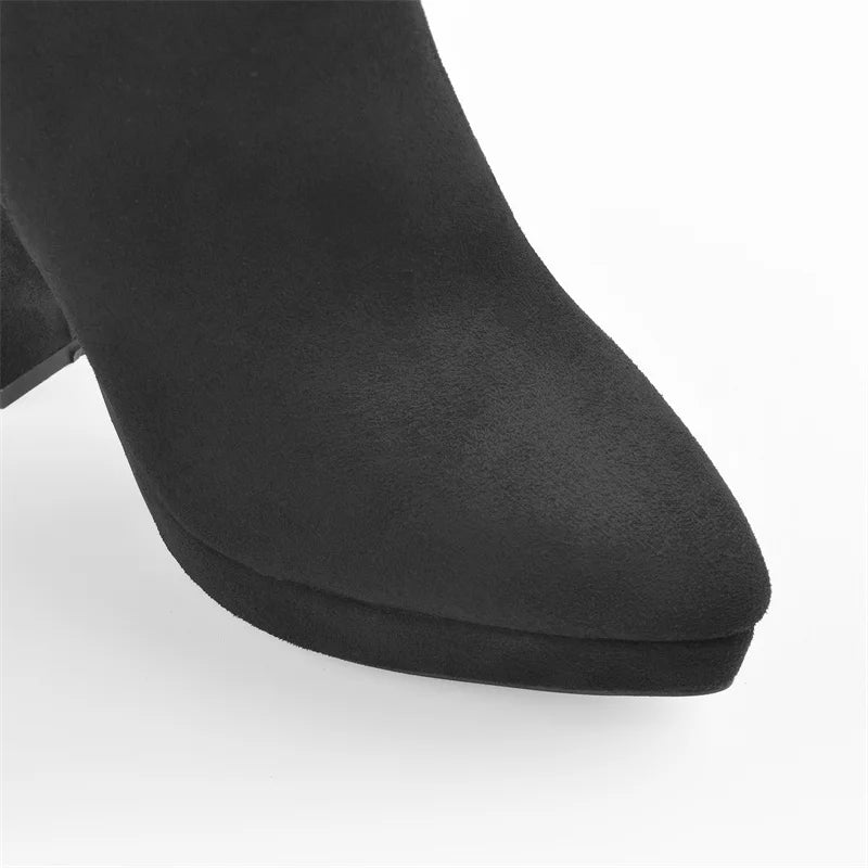 Spring Women Concise Ankle Boots Pointed Toe Side Zipper Low Platform High Heels Mature Casual Booties