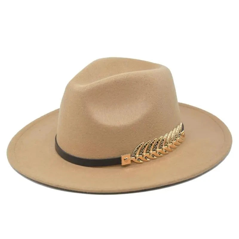 Fedora bowler hat Metal leaf belt autumn winter woolen felt hat panama woolen jazz hat