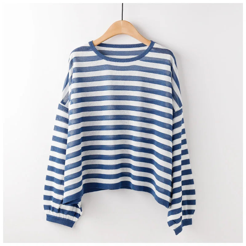 Striped Knitted Women T-Shirts Summer Lantern Sleeved Loose Elegant Female Pulls Tops Tees