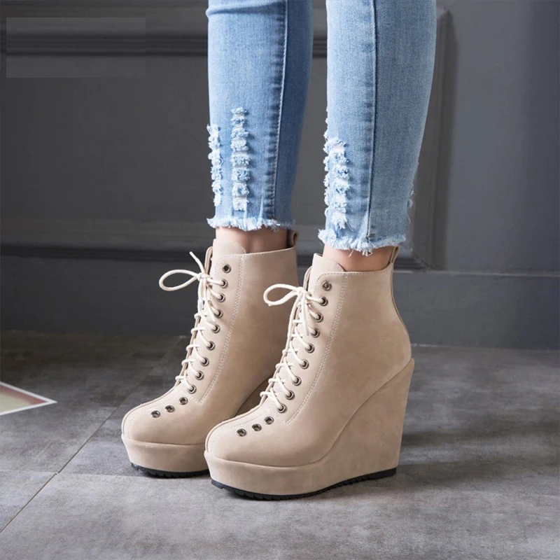 Women Ankle Boots Short Winter Shoes Wedge Heels Black Punk Female Footwear