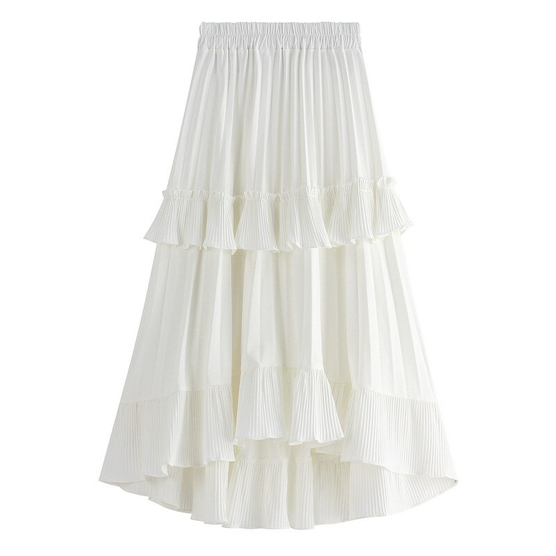 Autumn Pleated Skirt High Waist Irregular Hem Flouncing Women Long Skirts Saia Women White Skirts