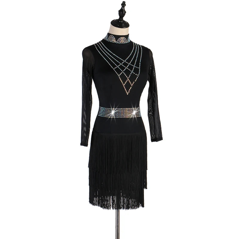 Latin Competition Skirt Professional Latin Skirt Women Long Sleeve Latin Tassel Dress