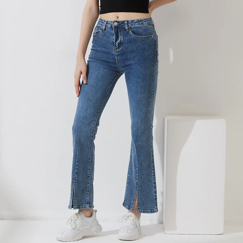 Women Casual Streetwear Stretchy Denim Pants Ladies Split Hem High Waist Pockets Skinny Flare Jeans