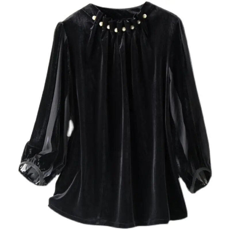 Neckline Beaded Style Lantern Sleeves Gold Velvet Slimming Bottoming Women T-shirts