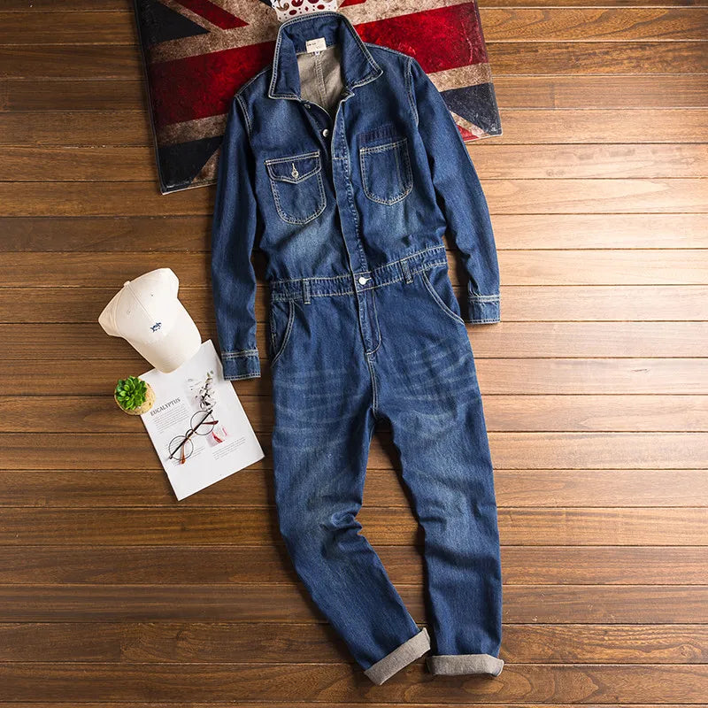 Spring And Autumn Overalls Men Denim Jumpsuits Lapel Loose Jeans Cargo Pants Trousers