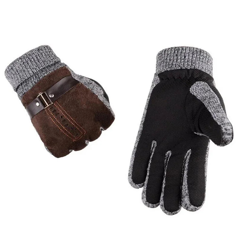 Knitted Wool Gloves Winter Thicken Fleece Warm Men's Genuine Leather Moto Gloves Male Mittens