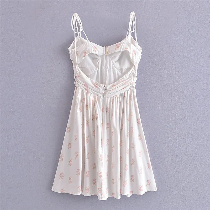 Spring Summer Woman Romantic Floral V-Neck Pleated Lace-Up Slim Strap Mini Dress