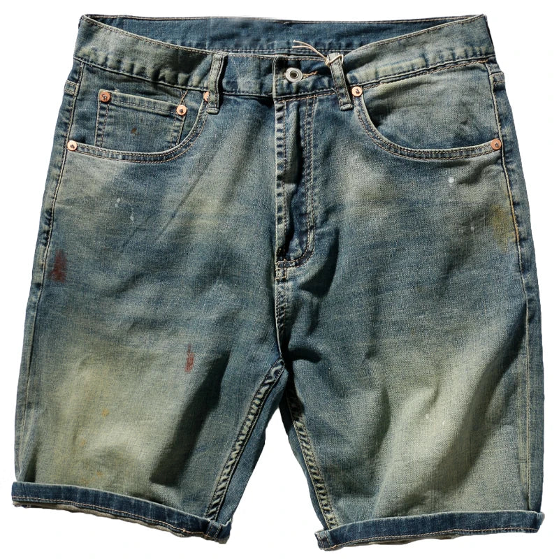 Summer American Retro Thin Denim Shorts Men's Capris Washed Old Cat Beard Middle Waist Straight Knee Length Pants