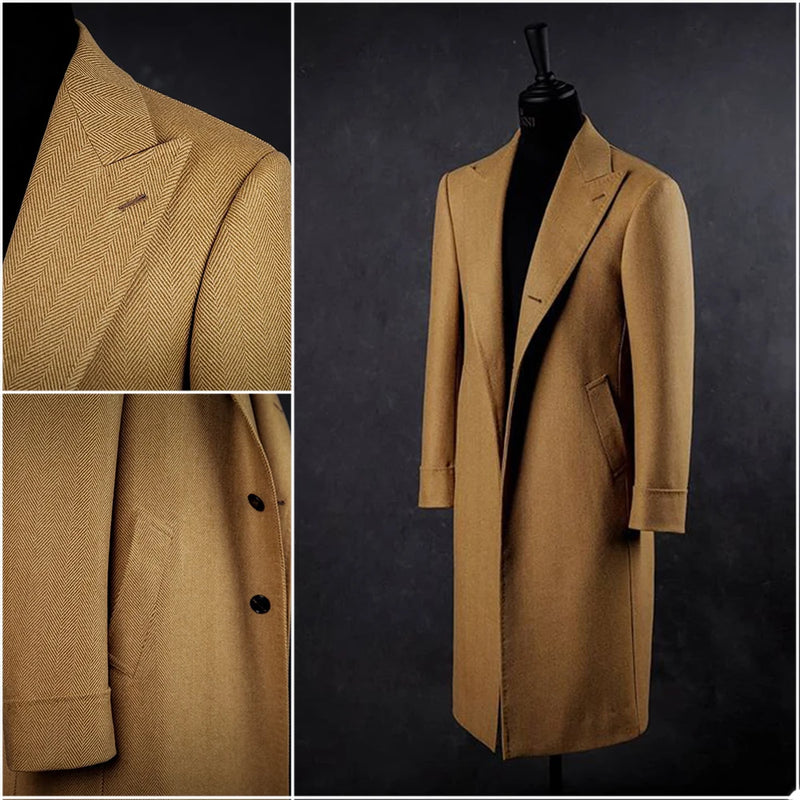 Winter Woolen Mid-Length Overcoat For Men Solid Breasted Notched Thicken Jacket