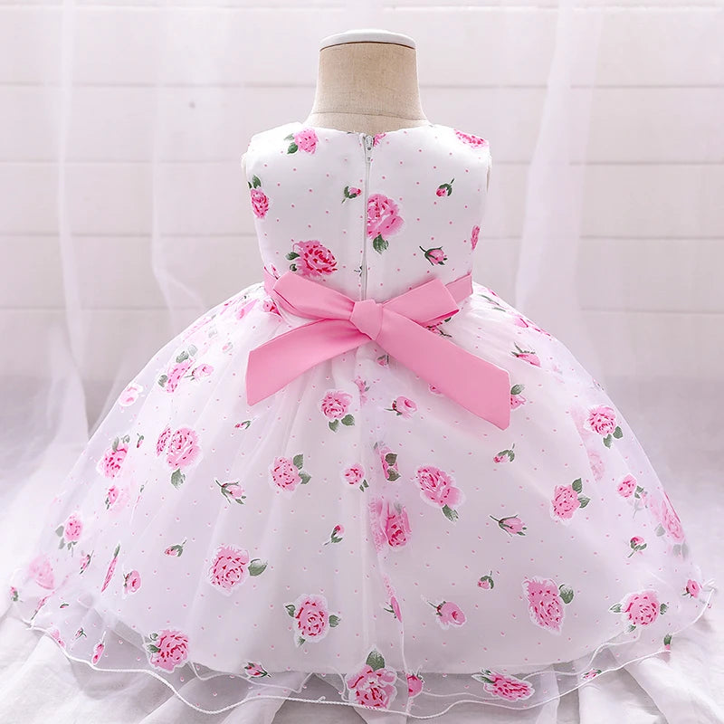 Baby Girl Birthday Party Gown Toddler Kids Pink White Princess Dress Child Lace Flower Baptism Clothes