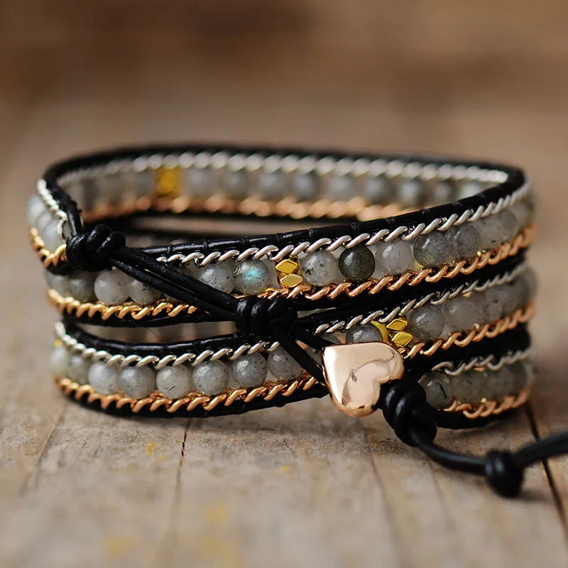 Stones Leather Wrap Bracelet Spirit Labradorite Chains Bohemia Beads Bracelet Designer Jewelry