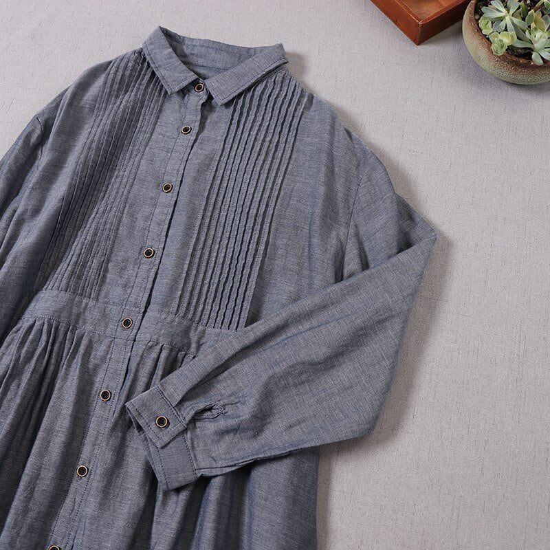 Female Linen Double Yarn Loose Long-sleeved Dress Spring Midi Dress