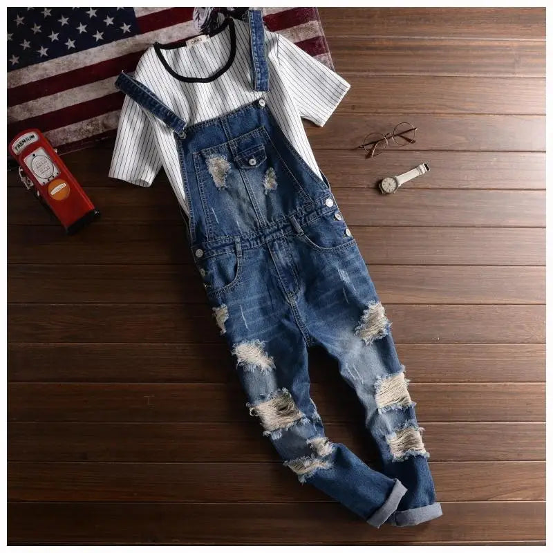 Men Denim Jumpsuit Ripped Tattered Jeans Bib Ankle Length Hip Hop Pants Trousers