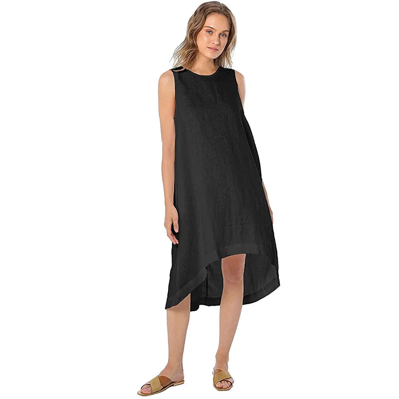 Linen Women Dress Casual Loose O-Neck Sleeveless Asymmetric Summer Woman Pockets Dresses