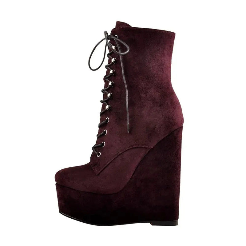 Women Burgundy Round Toe Lace-up Wedge High Heels Ankle Boots Winter