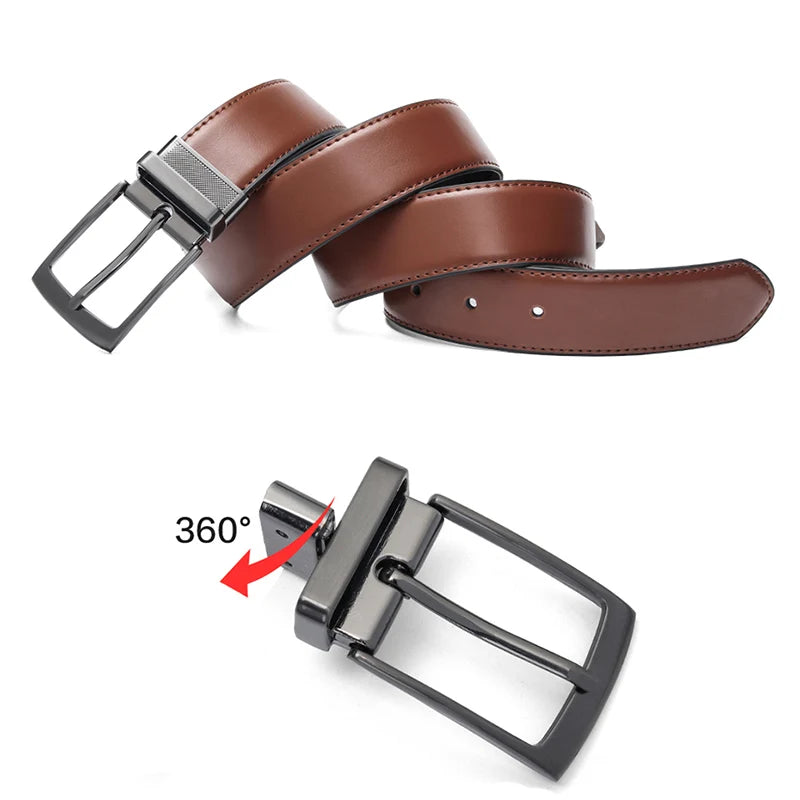 Men Leather Reversible Belt Brown-Black Classic Rotated Buckle Leather Belts