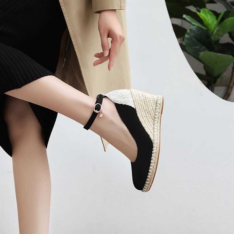 Ankle strap High Heel Pumps Women Shallow Platform Shoes Women Flax Hemp Canvas Heel