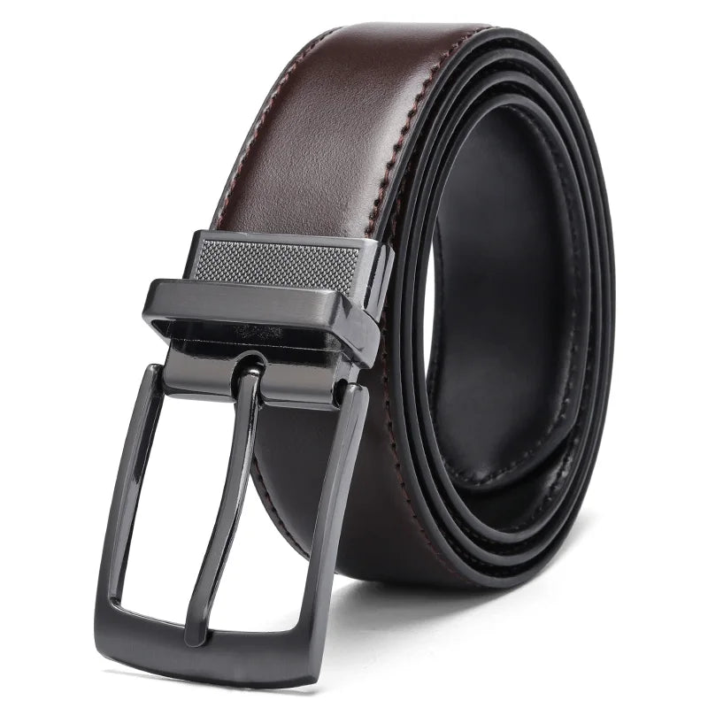 Men Leather Reversible Belt Brown-Black Classic Rotated Buckle Leather Belts