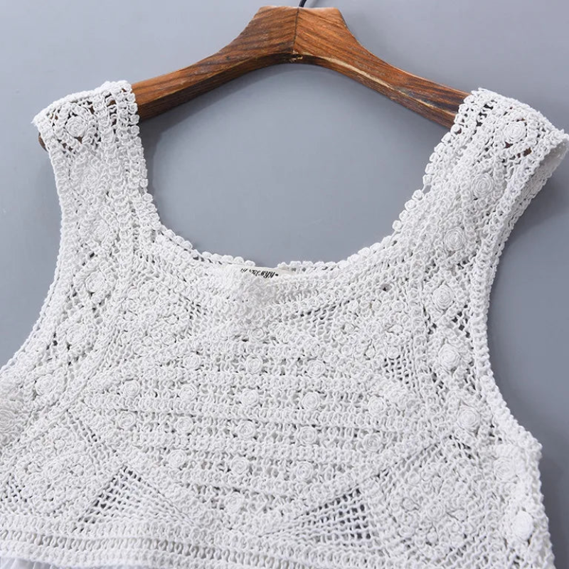 Summer Short Lace Sleeveless Women Top Knitted Patchwork Embroidery