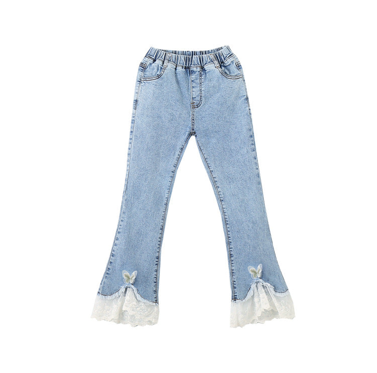 Spring Autumn Lace Flared Jeans for Kids Girls Elastic Waist Denim Pants