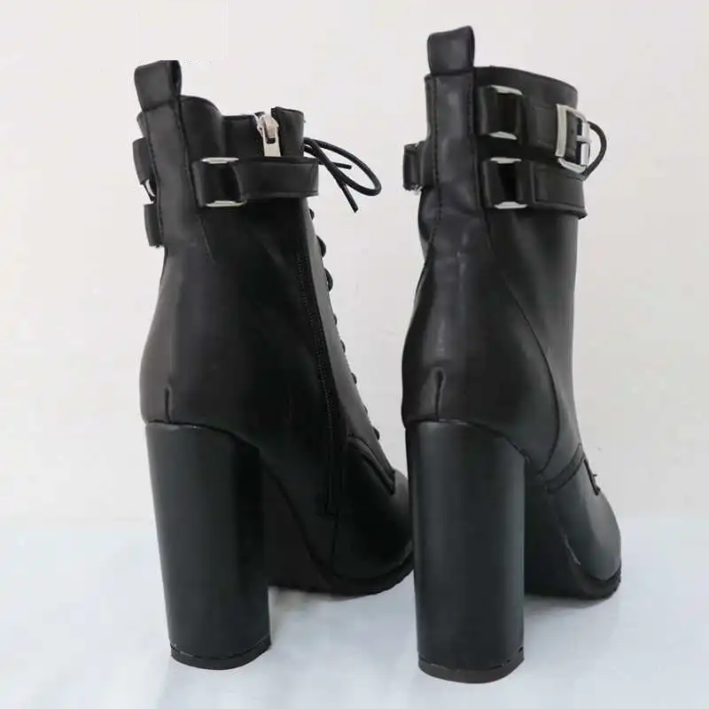 Block High Heel Women Boots Ankle Straps Round Toe Hidden Platform Lace Up Shoes