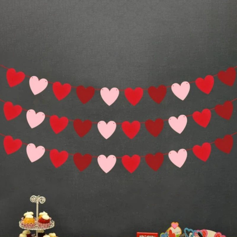 3pcs Red Hearts Felt Garland Banner Pull Flowers Valentine Wedding Birthday Party Decor