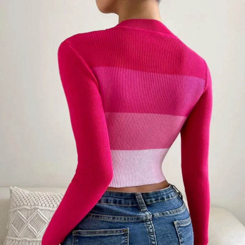 Knitted Sweater Women Autumn Patchwork Long Sleeve Tops Elegant Ladies Knitwear Femme Cropped Pullover Pulls