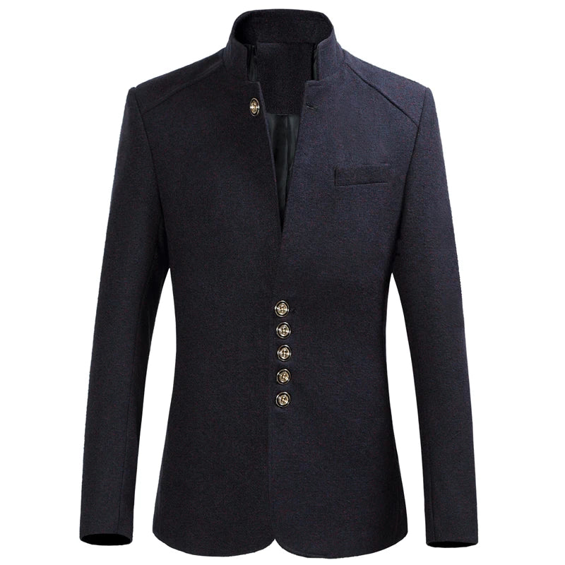 Men's Casual Stand Collar Tunic Suit Jacket Slim Fit Business Wool Blazers Coat