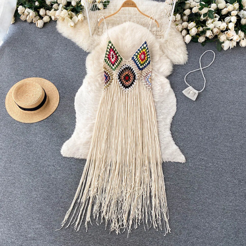 Summer Beach Dress Women Casual Sundress Vacation Knitted Tassel Loose Dress