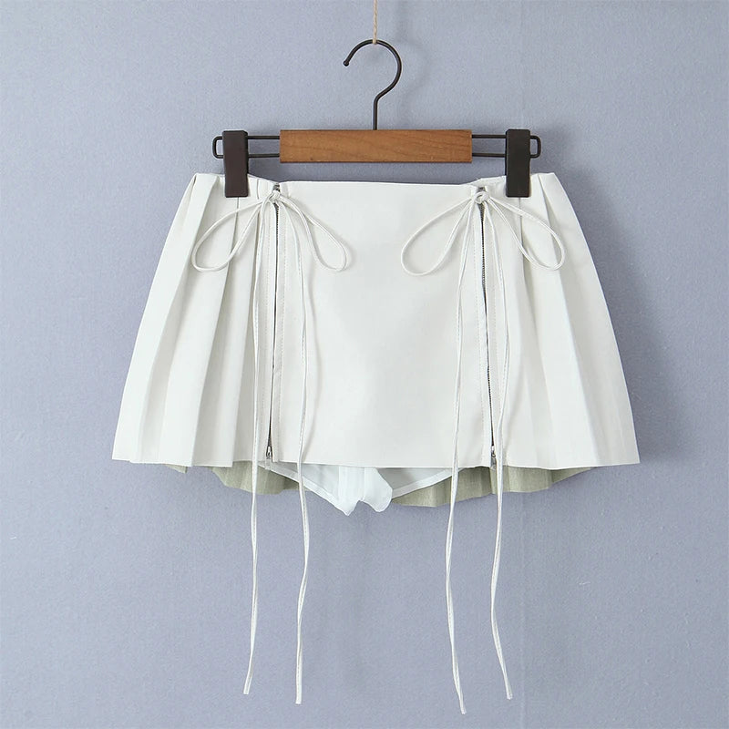 Women Pleated Mini Skirt Low Waist Super Short Skirts Chic Metal Zipper Slim Skort