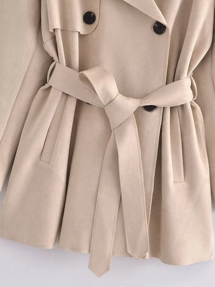 Elegant Temperament Solid Belt Tie Up Waist Design Casual Trench Jacket Women's Original Clothes