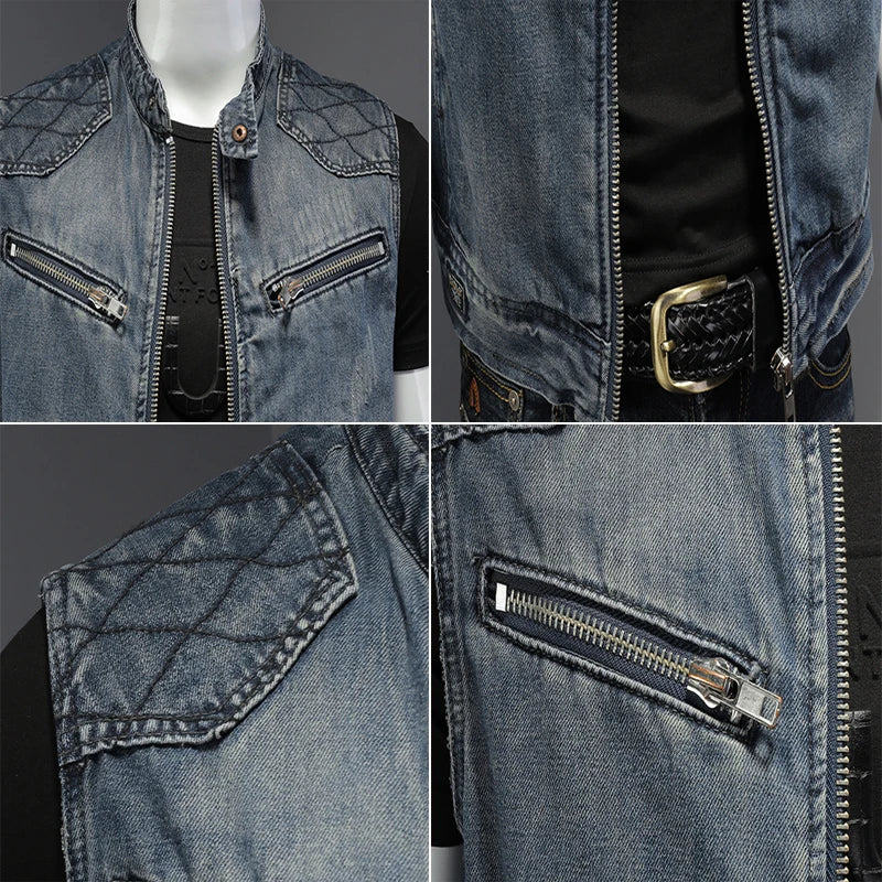 Mens Denim Design Retor Jackets Men Streetwear Ripped Hole Punk Jean Waistcoats Clothing