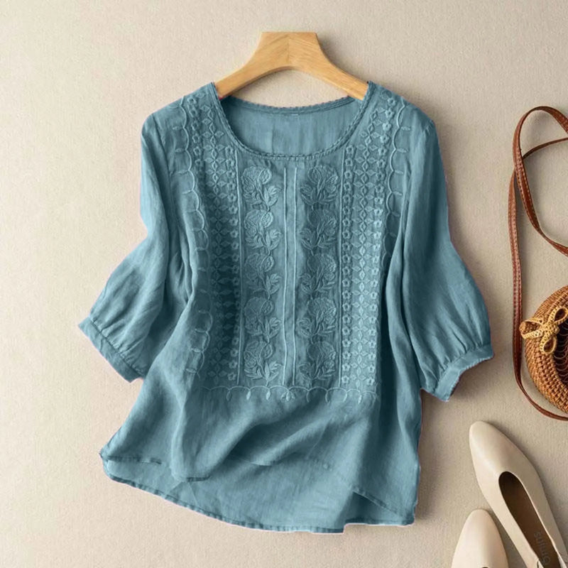 Summer Elegant Shirts Women Retro Cotton Linen Embroidery Blouse