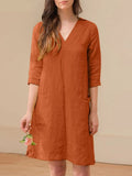 Summer Short Sleeve Dress Casual Solid Party Women V Neck Robe Knee-length Elegant Work Sundress