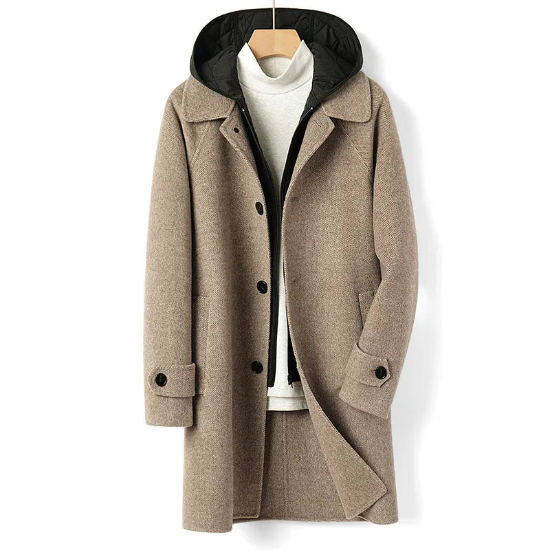 Australian wool double-sided wool coat men's detachable mulberry silk liner hooded thick coat